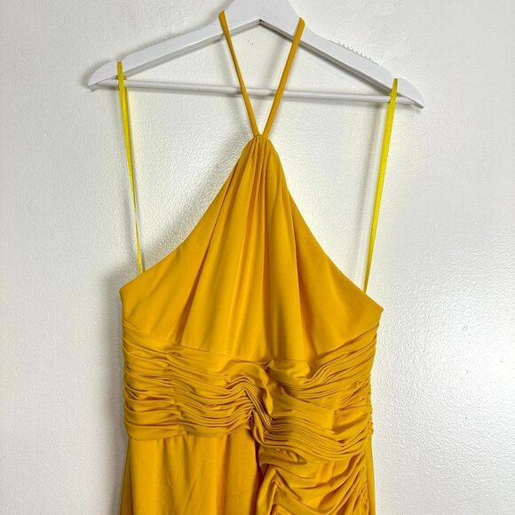 MAC DUGGAL Halter Neck Rouched Side Front Slit Gown in Marigold Size Medium - Picture 5 of 13
